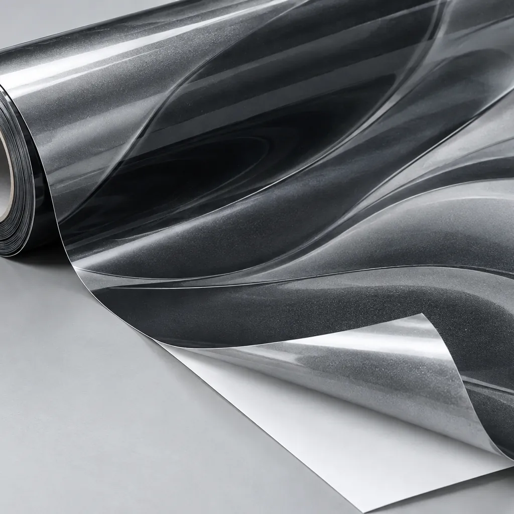 A roll of printed wrap film with an abstract graphite print, one corner lifted from its backing paper