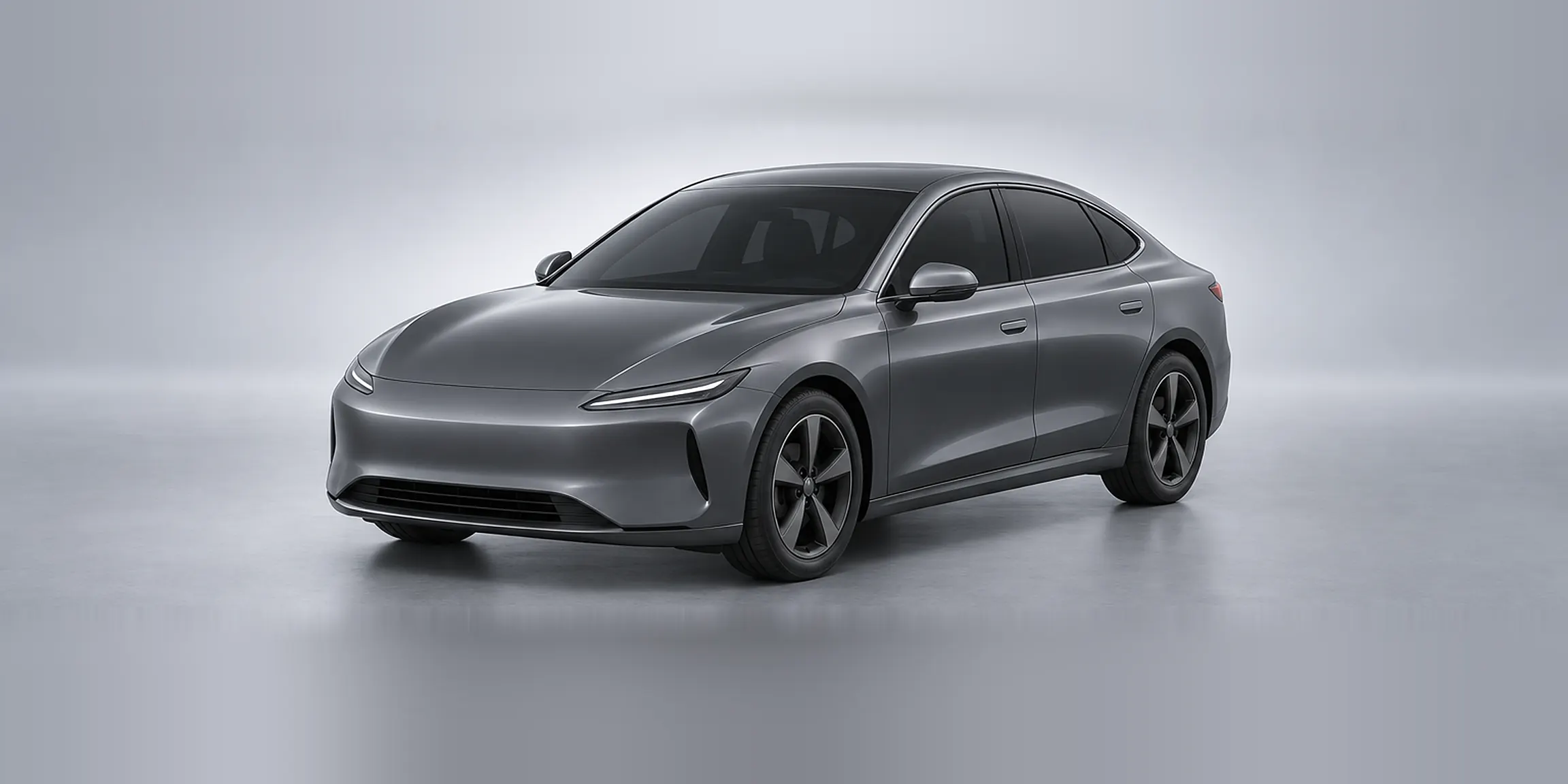 A modern car in satin graphite in a dark studio