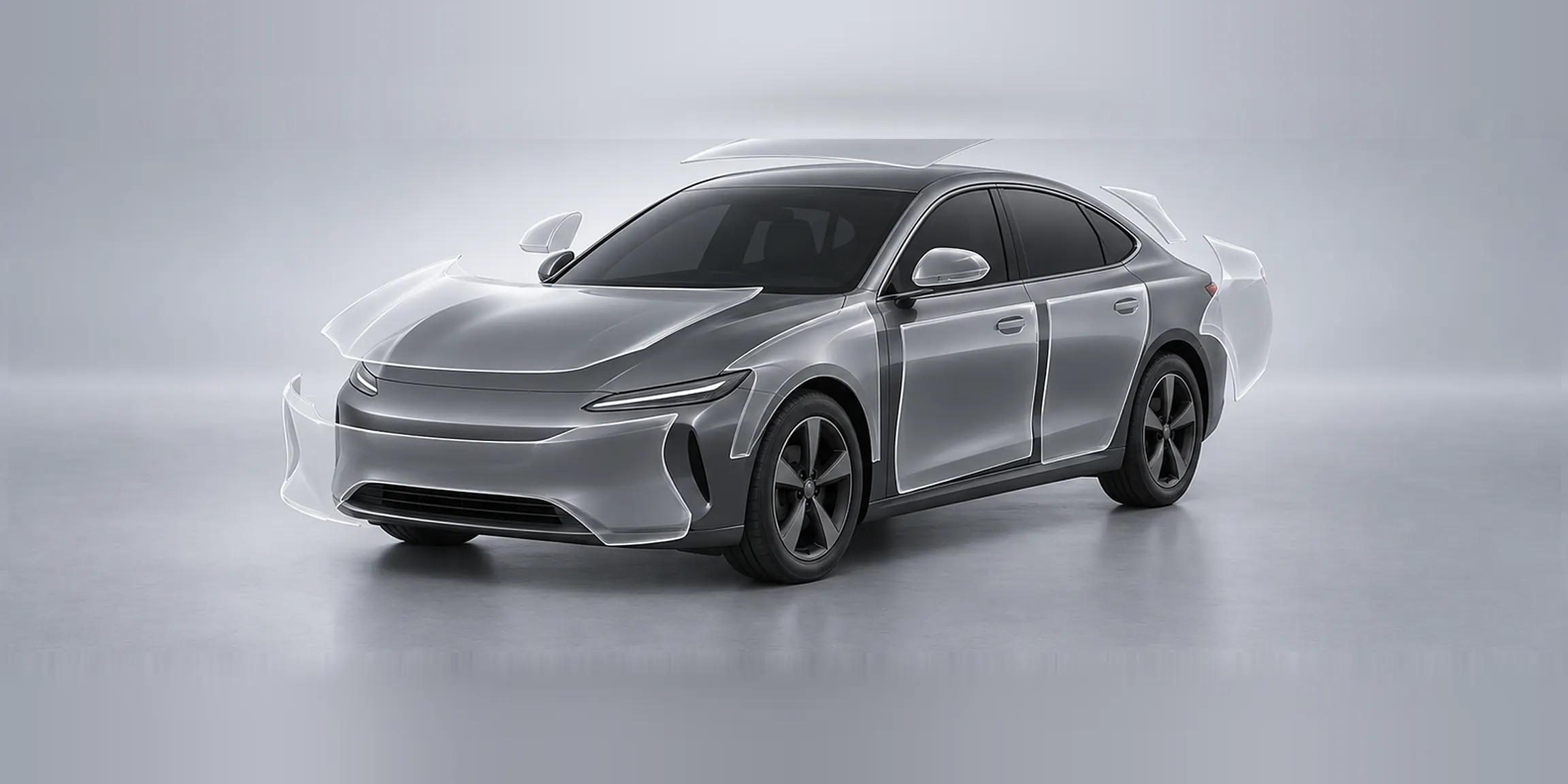 Exploded view: clear protective film layers floating off the bonnet, bumper, doors, mirrors and roof of a car