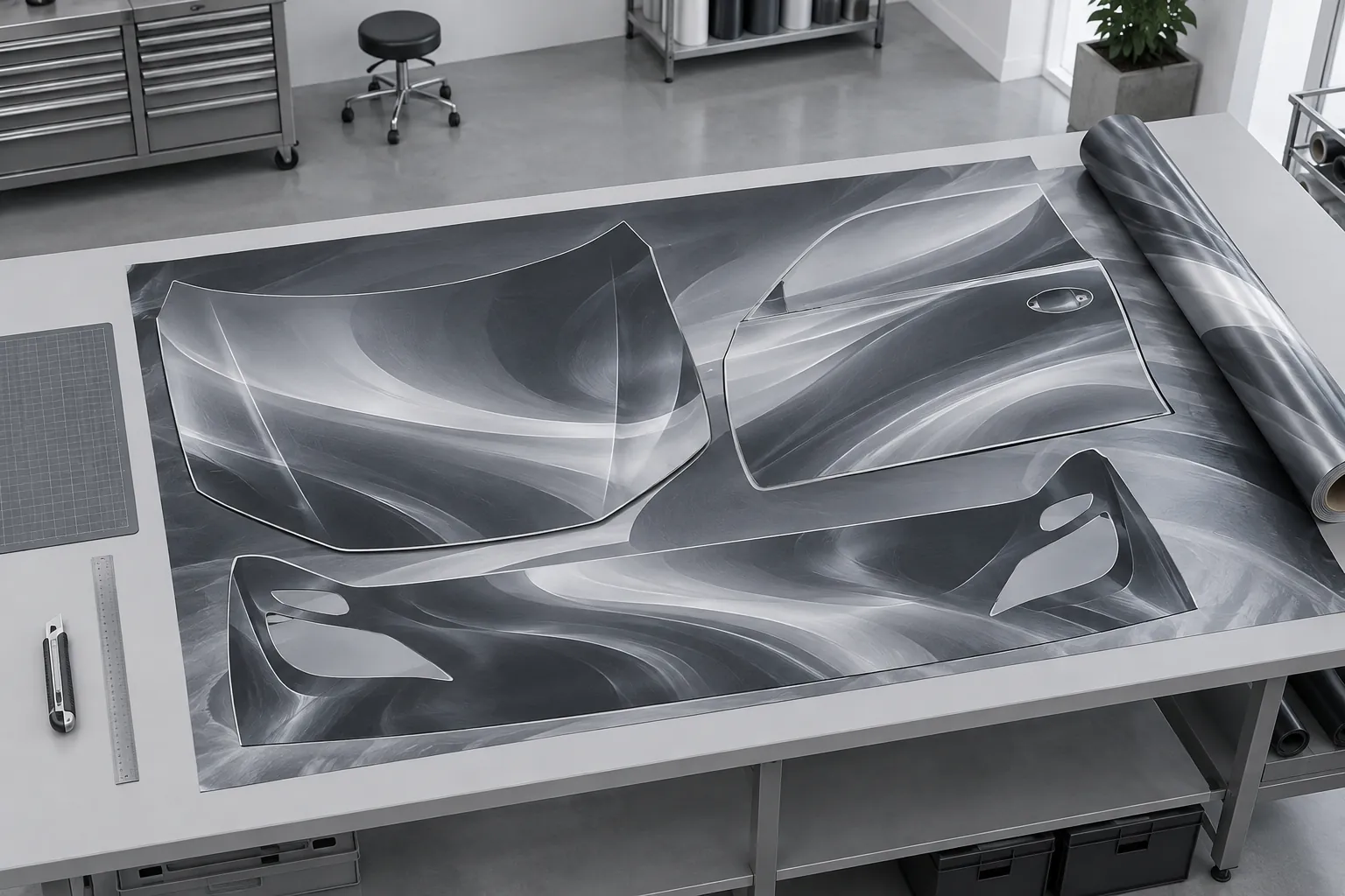 A sheet of printed wrap film on a work table with the outlines of a bonnet, a door and a bumper cut into it