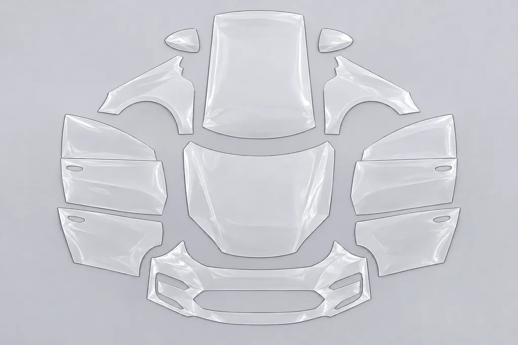 A full set of pre-cut film pieces laid out flat: bonnet, bumper, wings, doors, mirror caps and roof